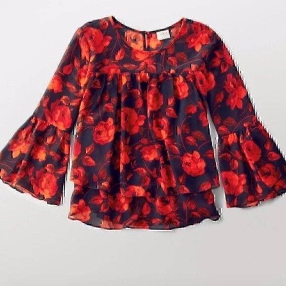 A NEW DAY Tiered Floral Blouse Navy Blue Red 3/4 Bell Sleeve Sheer / Lined Boho - Picture 3 of 12